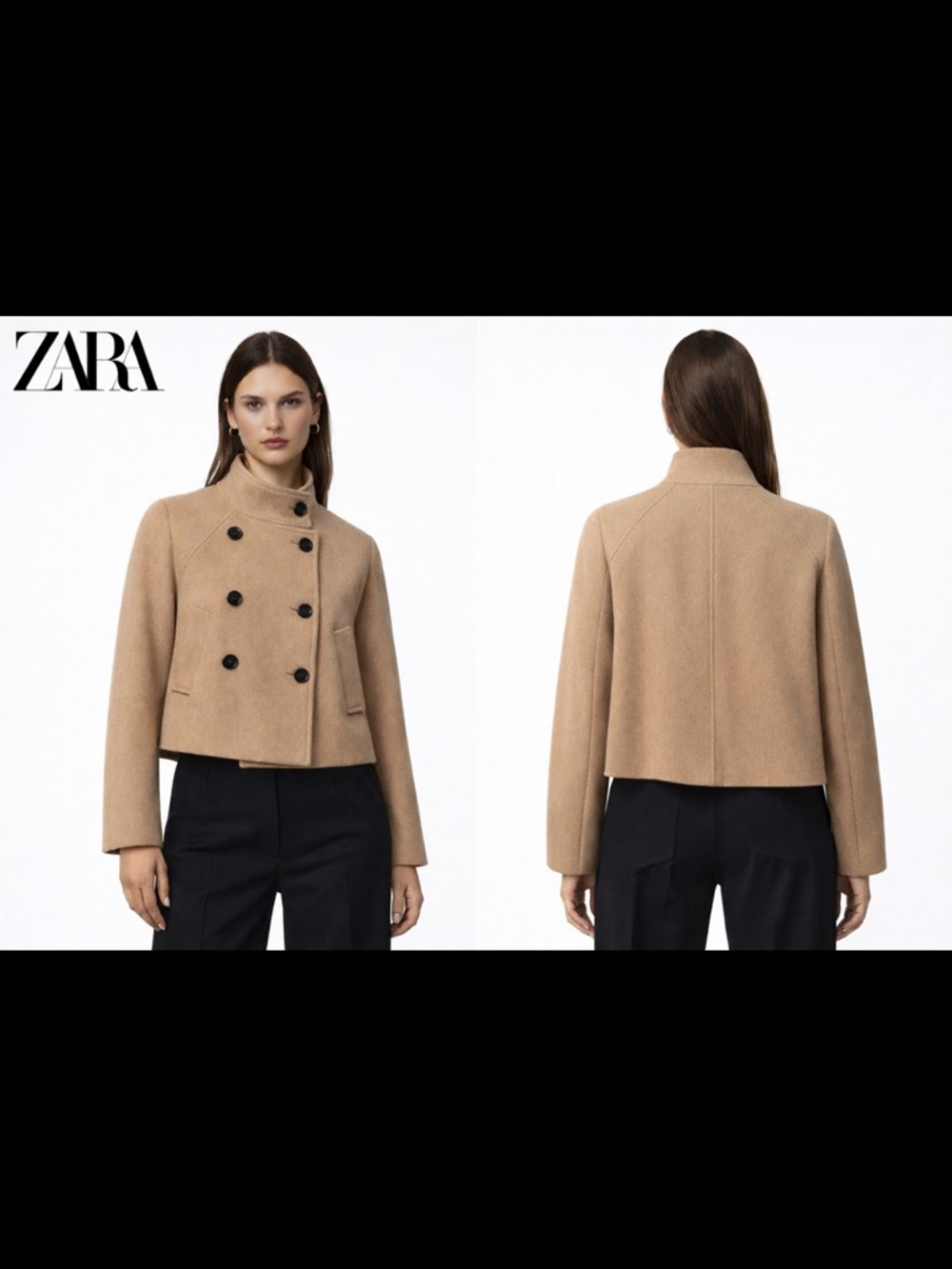 ZARA Camel Double-Breasted Short Pea Coat